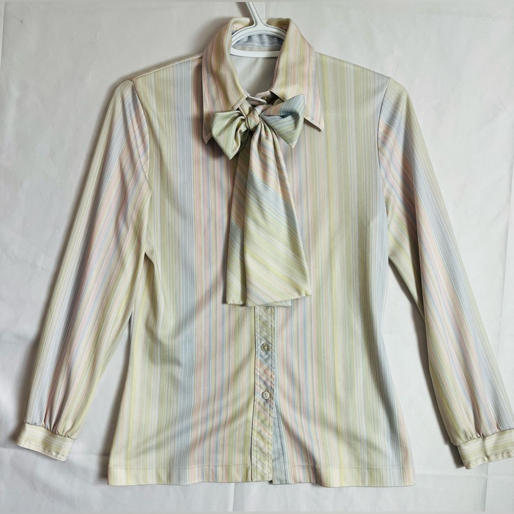 Vintage 70s Pastel Stripe Tie Neck Blouse Scarf Bow Collar Shirt